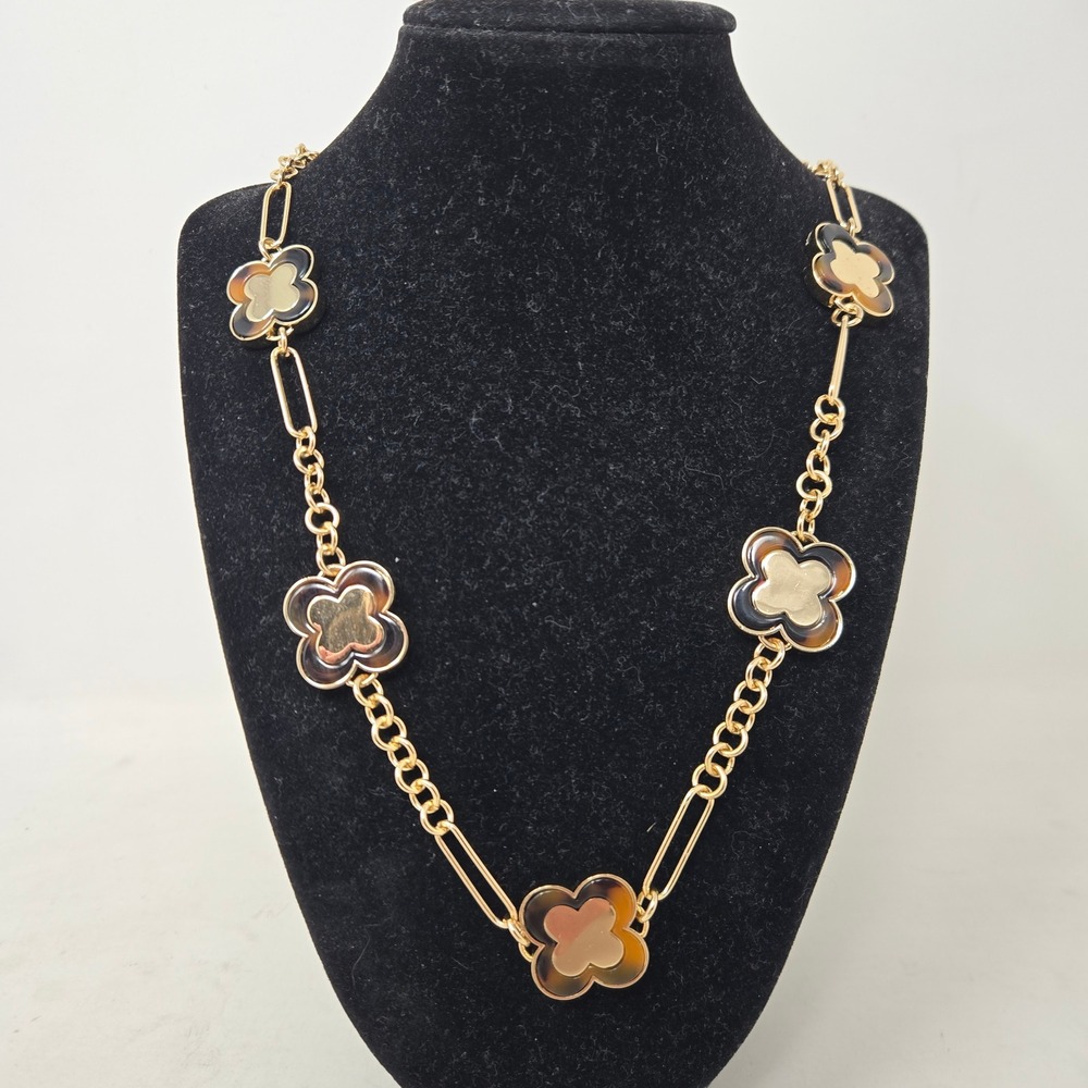 Anne Taylor Gold Tone Tortoise Resin Clover Quatrefoil Station‎ Necklace 30 Inch